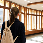 **

A student thoughtfully visiting a less-known business school campus. Focus on the welcoming atmosphere, connection between students and professors, and a sense of belonging, rather than prestige. Soft, inviting lighting.

**