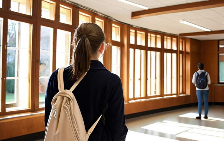 **
A student thoughtfully visiting a less-known business school campus. Focus on the welcoming atmosphere, connection between students and professors, and a sense of belonging, rather than prestige. Soft, inviting lighting.
**