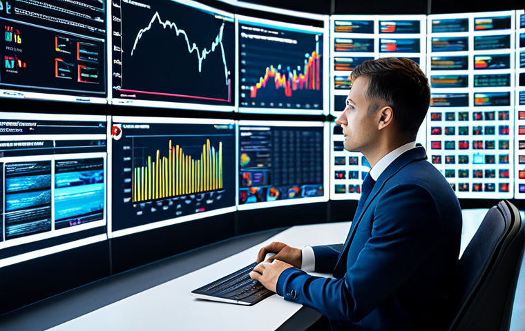 A professional male business analyst, fully clothed in a modest suit, seated in a futuristic data control room. He is looking at multiple large, transparent screens displaying complex, vibrant data visualizations, interconnected customer journey maps, and subtle AI-driven insights. One screen shows a natural interaction with an intelligent chatbot. The environment is clean, bright, and symbolizes seamless digital integration. Perfect anatomy, correct proportions, well-formed hands, natural body proportions, professional dress, appropriate attire, safe for work, high-resolution, professional photography, appropriate content, family-friendly.