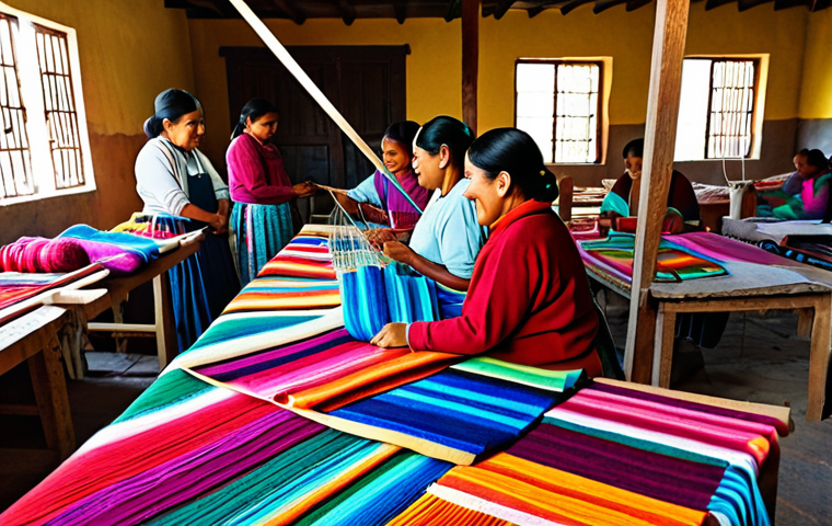 Oaxaca Textile Cooperative**

"A vibrant photograph of women artisans in Oaxaca, Mexico, working on traditional textiles. They are in a brightly lit workshop, surrounded by colorful threads and looms. The women are fully clothed in traditional clothing, with smiles on their faces. Safe for work, appropriate content, fully clothed, professional photography, showcasing cultural heritage, well-formed hands, natural pose, family-friendly."

**