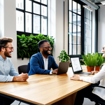 **

A diverse team collaborating in a modern, bright office. Some are at desks with computers, others in a relaxed meeting area. The scene emphasizes teamwork and a positive, inclusive environment.  Focus on employee well-being with elements like plants, natural light, and comfortable furniture. Show a variety of ages, ethnicities, and genders.
Keywords: collaboration, teamwork, modern office, diversity, inclusion, well-being, positive environment, professional attire.

**