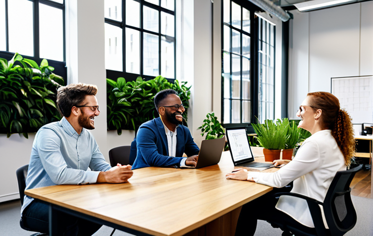 **

A diverse team collaborating in a modern, bright office. Some are at desks with computers, others in a relaxed meeting area. The scene emphasizes teamwork and a positive, inclusive environment.  Focus on employee well-being with elements like plants, natural light, and comfortable furniture. Show a variety of ages, ethnicities, and genders.
Keywords: collaboration, teamwork, modern office, diversity, inclusion, well-being, positive environment, professional attire.

**