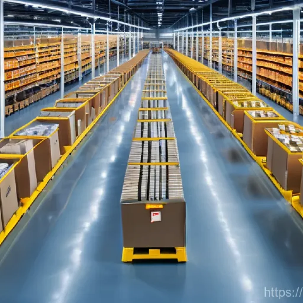 재고 관리 - The Organized E-commerce Hub**

"A vibrant, wide shot of a modern e-commerce fulfillment center. The...