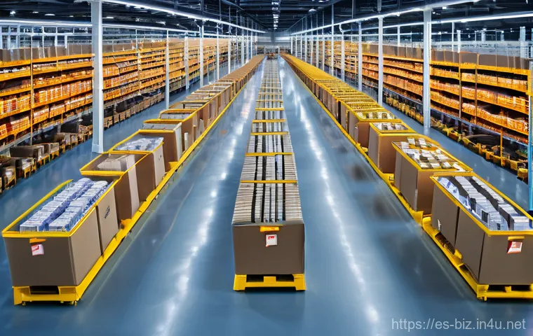 재고 관리 - The Organized E-commerce Hub**

"A vibrant, wide shot of a modern e-commerce fulfillment center. The...