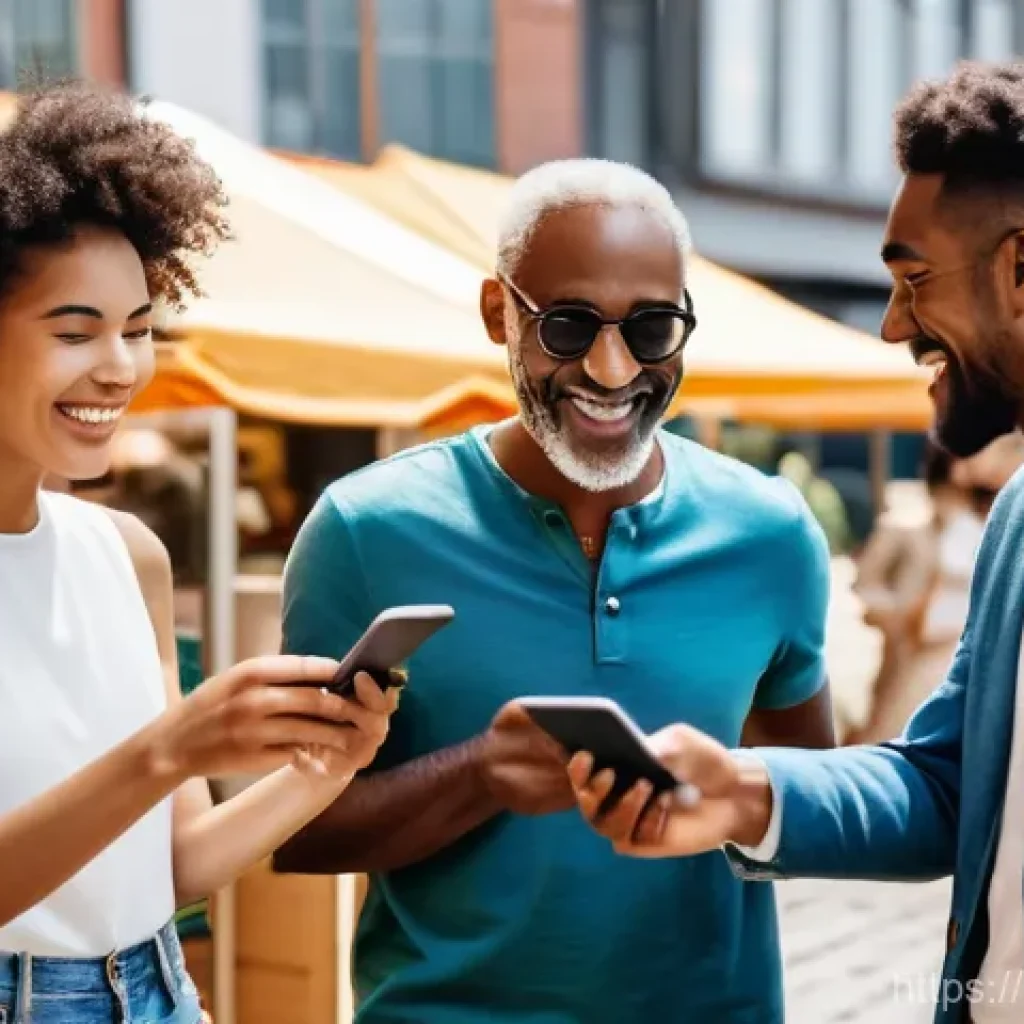 모바일 경제 - "A group of people of various ages and ethnicities, dressed in stylish casual wear, are enjoying a l...