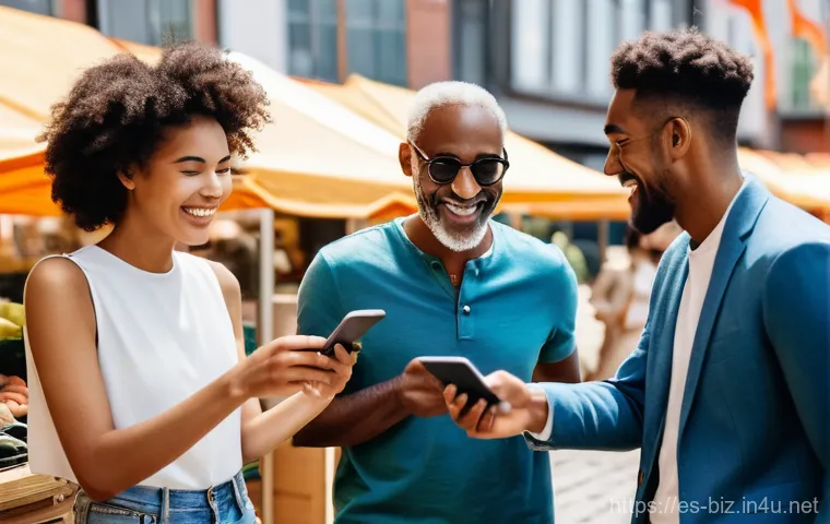 모바일 경제 - "A group of people of various ages and ethnicities, dressed in stylish casual wear, are enjoying a l...