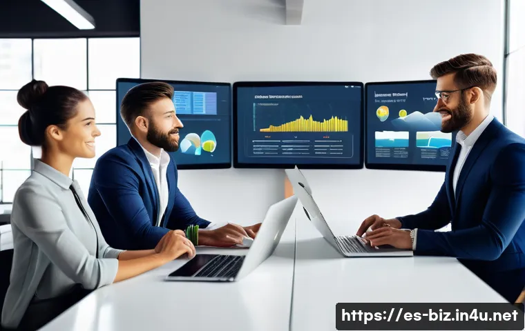 디지털 마케팅 최신 트렌드 - A modern digital marketing office scene featuring a diverse team of young professionals collaboratin...