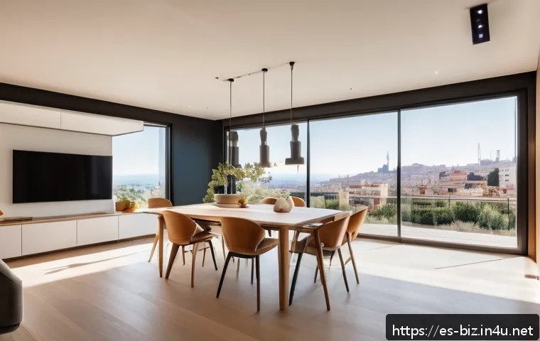 사물인터넷 IoT - A modern Spanish smart home interior in Barcelona, featuring sleek, minimalist design with large win...