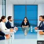 게임 이론 - A professional business negotiation scene in a modern office with diverse Hispanic professionals dre...
