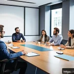 조직 커뮤니케이션 - A modern office setting showing a diverse group of professional adults engaged in a transparent and ...