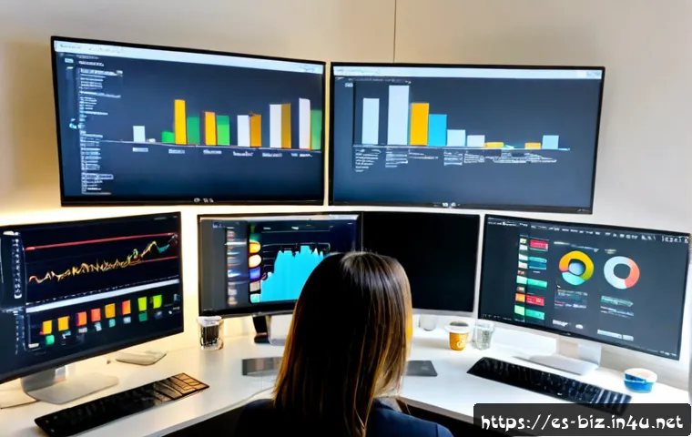빅 데이터 분석 - Photorealistic wide-angle scene of a Spanish data analyst in a modern Madrid office, studying colorf...